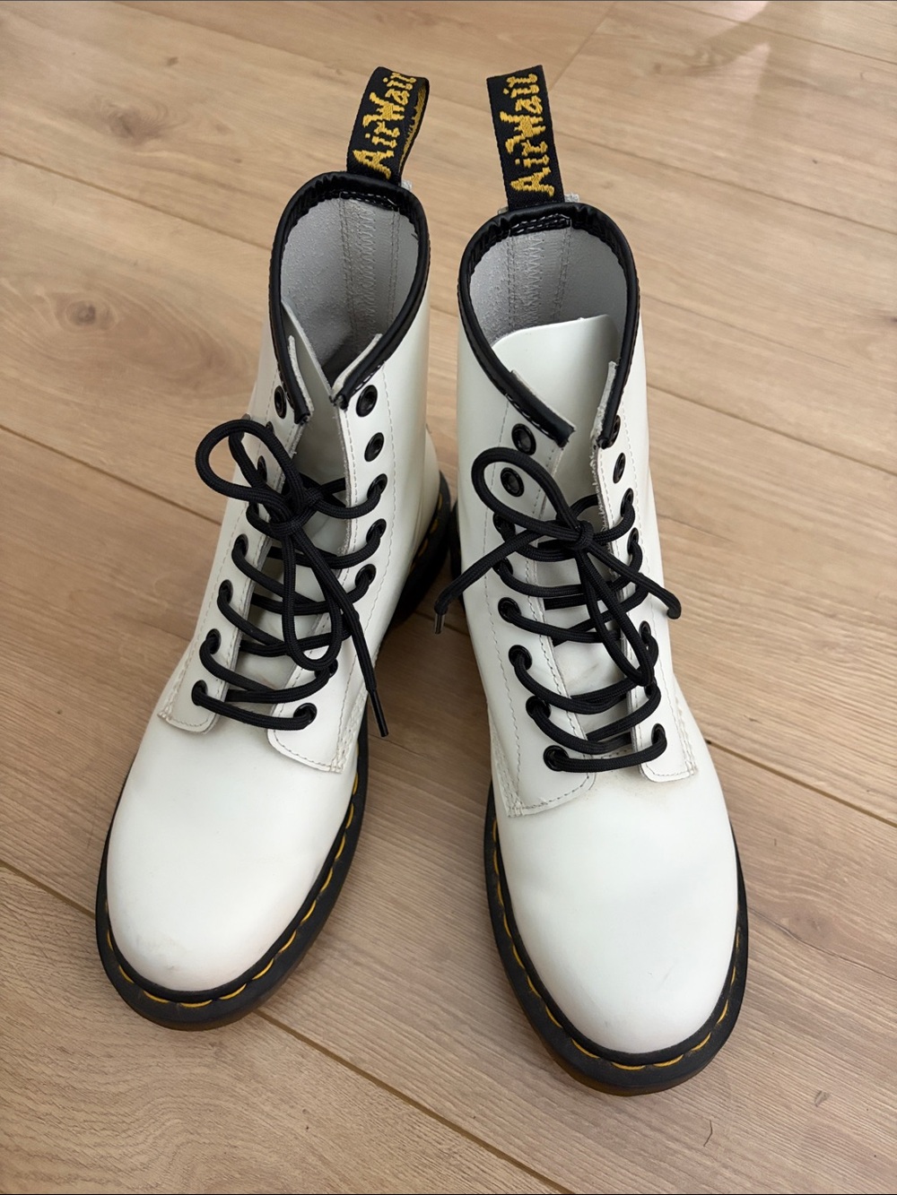 Dr. Martens White Leather Lace-Up Boots with Black Trim